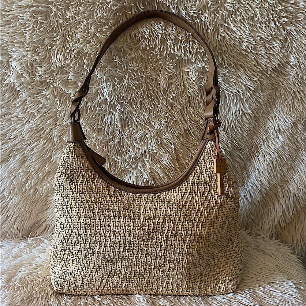 Fossil Tan Woven Straw Shoulder Bag